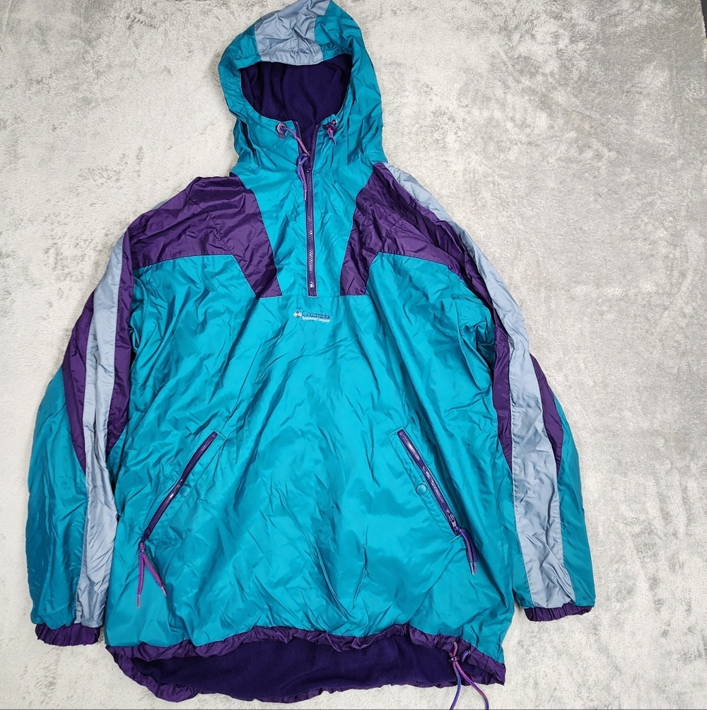 Vintage Columbia Sz L half-zip windbreaker jacket in a turquoise, purple, Grey